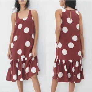 NWT Anthro Michaela Flounced Brown Polka Dot Midi Dress Size L